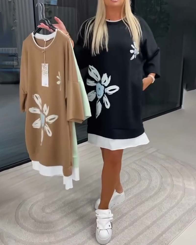 Sweatshirt Dress Round Neck Printed Patchwork