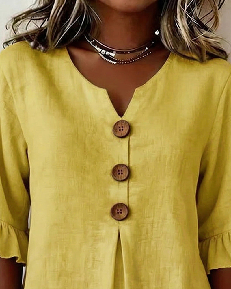 Solid Color Cotton Linen Blouse with Buttons and Ruffles