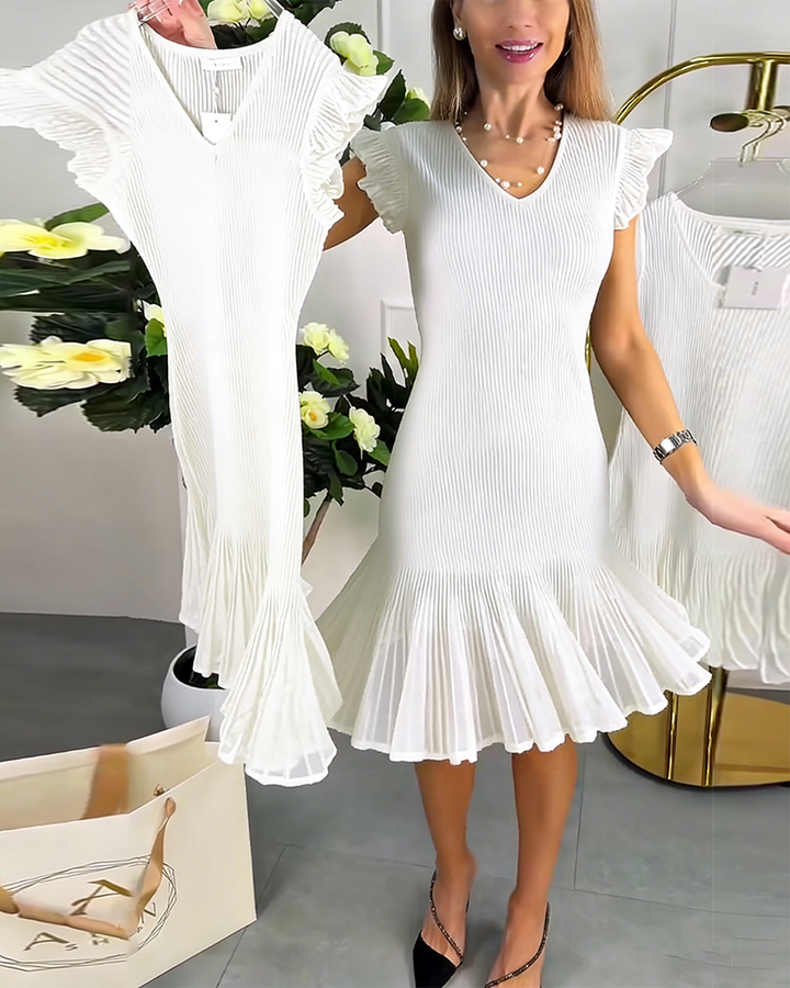 Ruffled Lace V-Neck Short Sleeve Dress