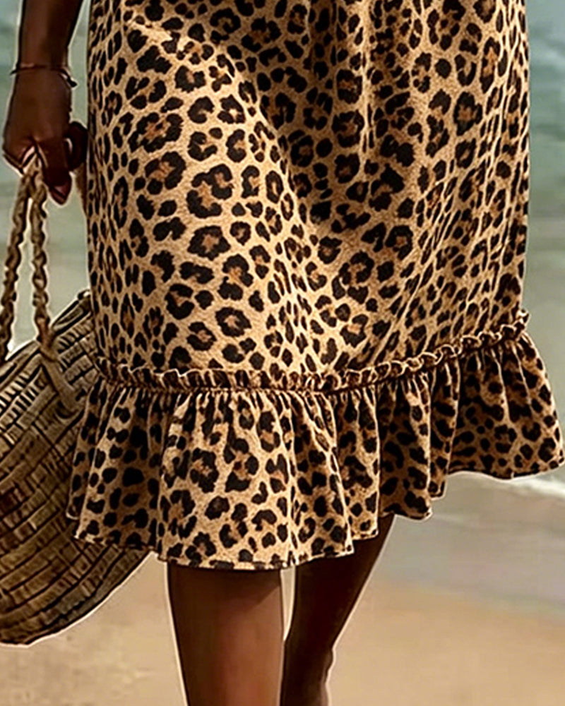 Dress Leopard Print V-Neck Ruffle