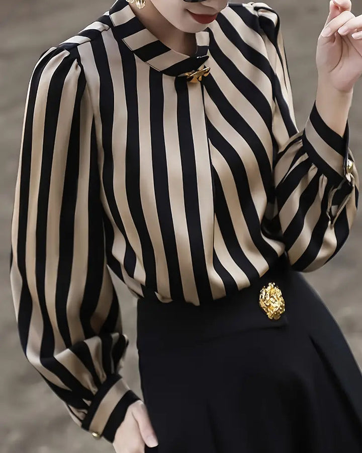 Draped Blouse with High Collar Striped