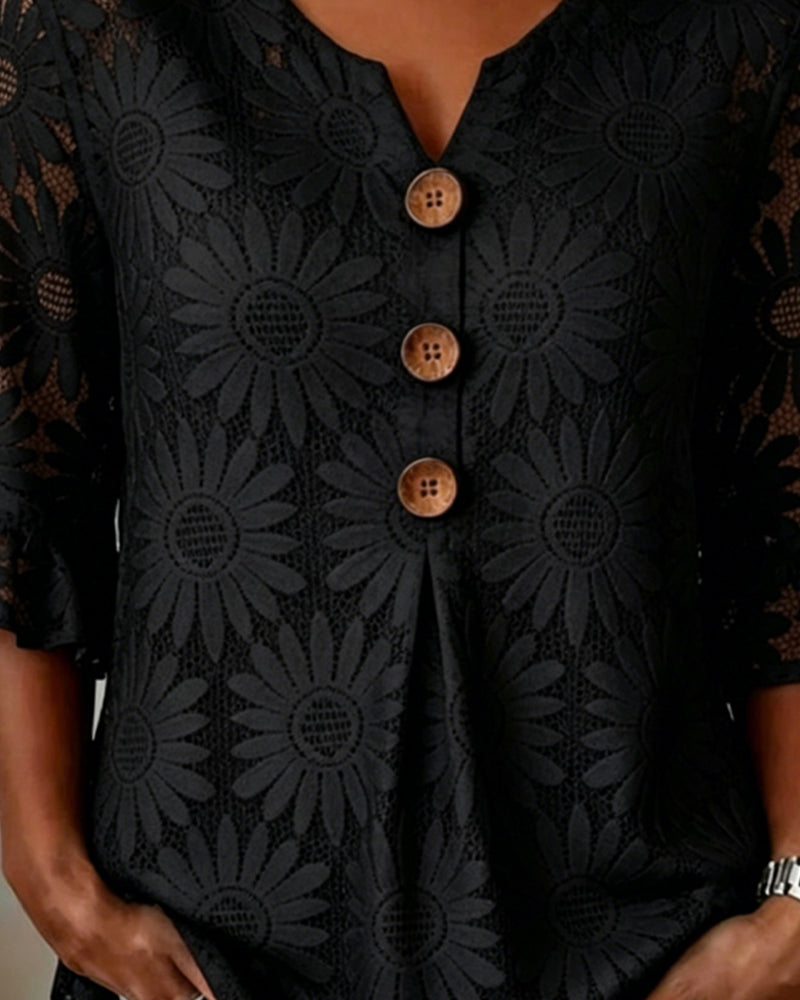 Blouse with Ruffled Daisy Pattern and Ruffle Sleeves