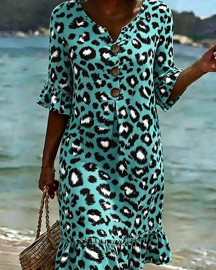 Dress Leopard Print V-Neck Ruffle