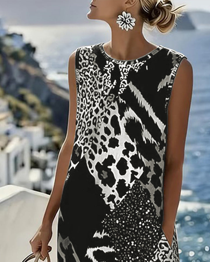 Dress Patchwork Leopard Print Sleeveless Long