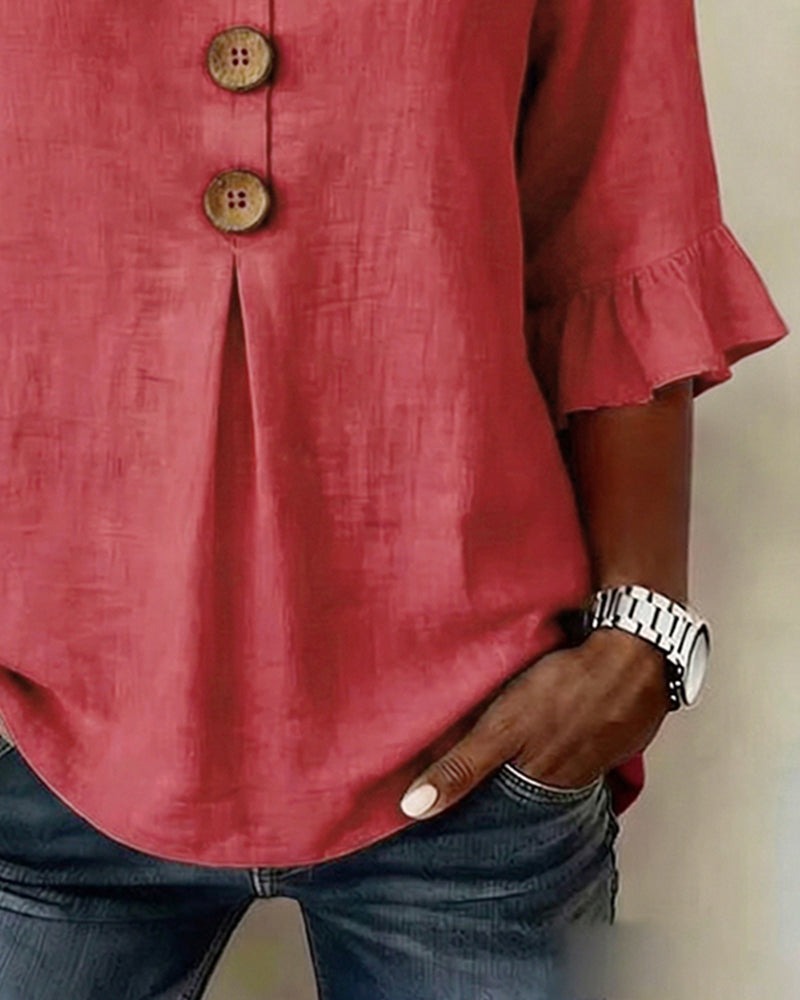 Solid Color Cotton Linen Blouse with Buttons and Ruffles