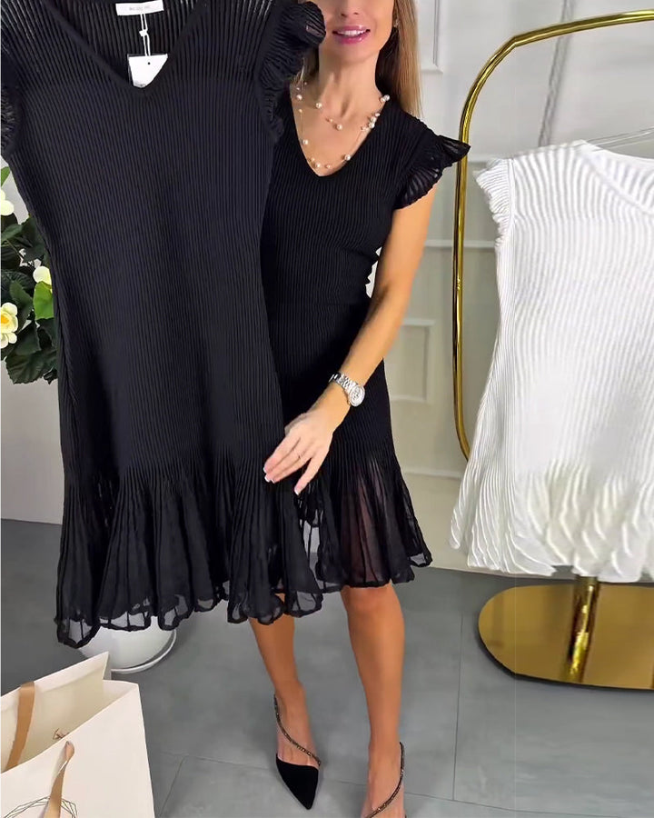 Ruffled Lace V-Neck Short Sleeve Dress