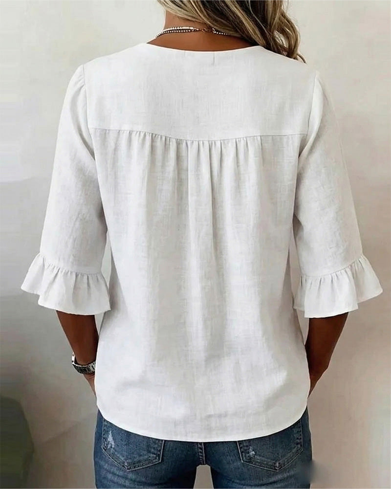 Solid Color Cotton Linen Blouse with Buttons and Ruffles