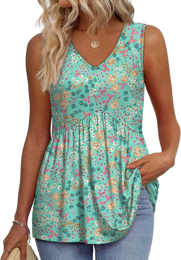 Mary™ | Peplum V-Neck Print Tank Top
