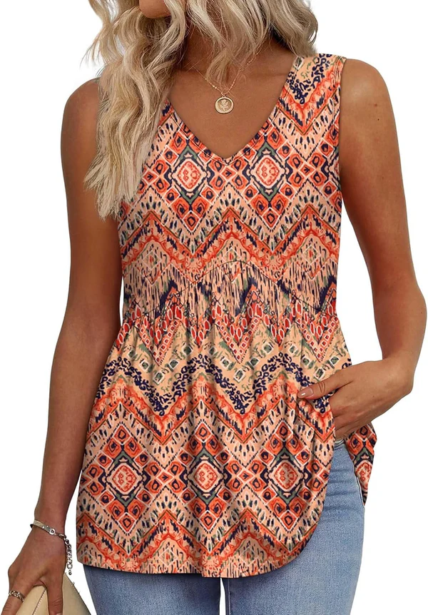 Mary™ | Peplum V-Neck Print Tank Top