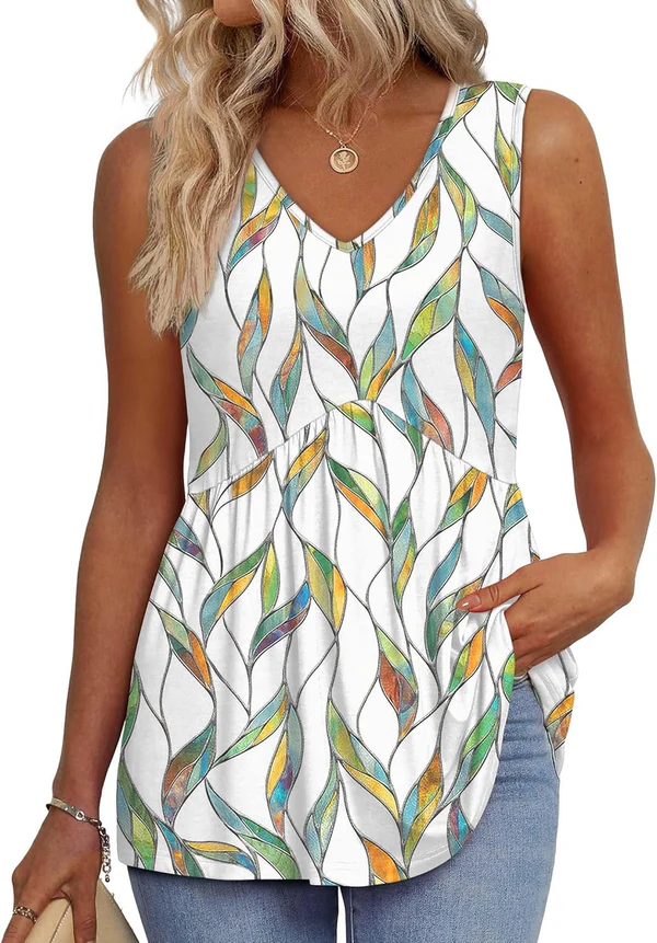 Mary™ | Peplum V-Neck Print Tank Top