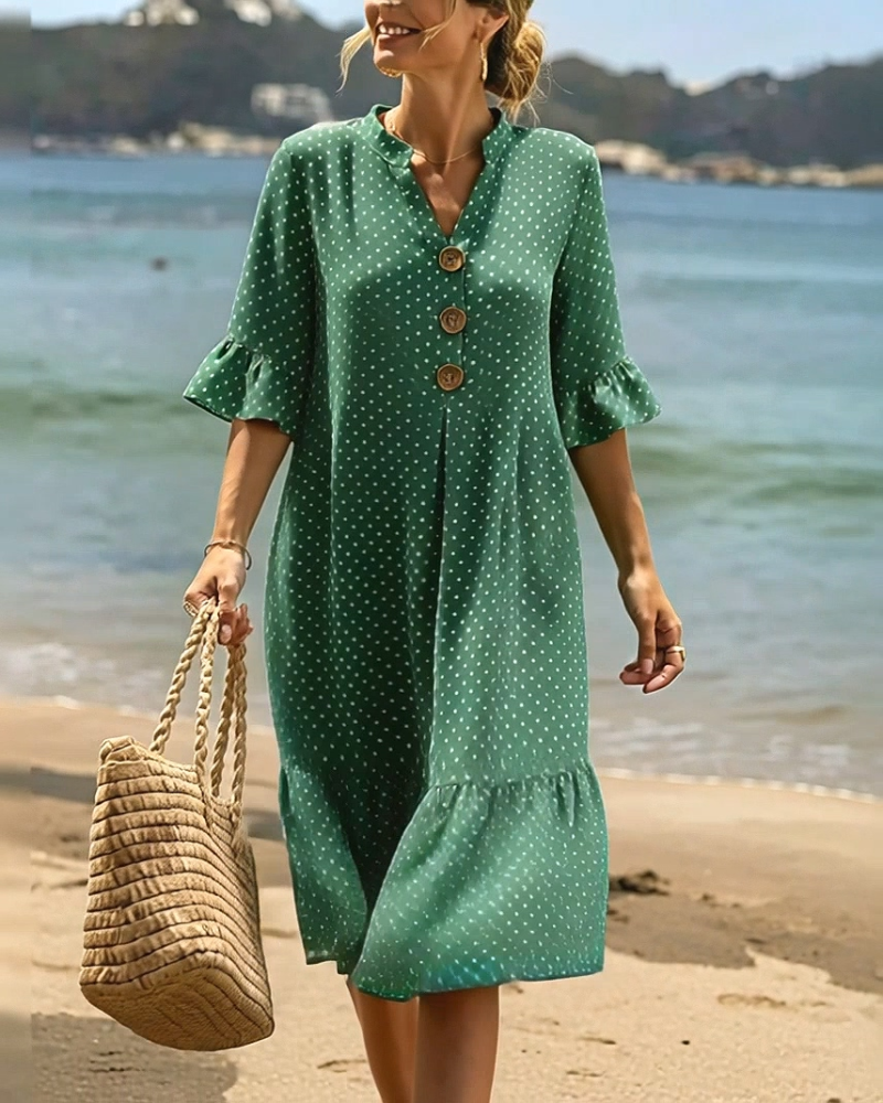 Polka Dot V-Neck Ruffled Sleeve Dress