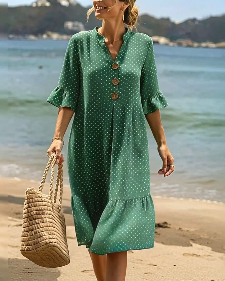 Polka Dot V-Neck Ruffled Sleeve Dress