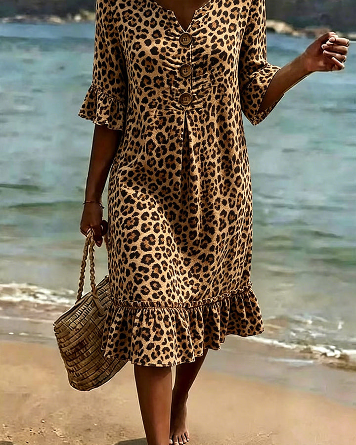 Dress Leopard Print V-Neck Ruffle
