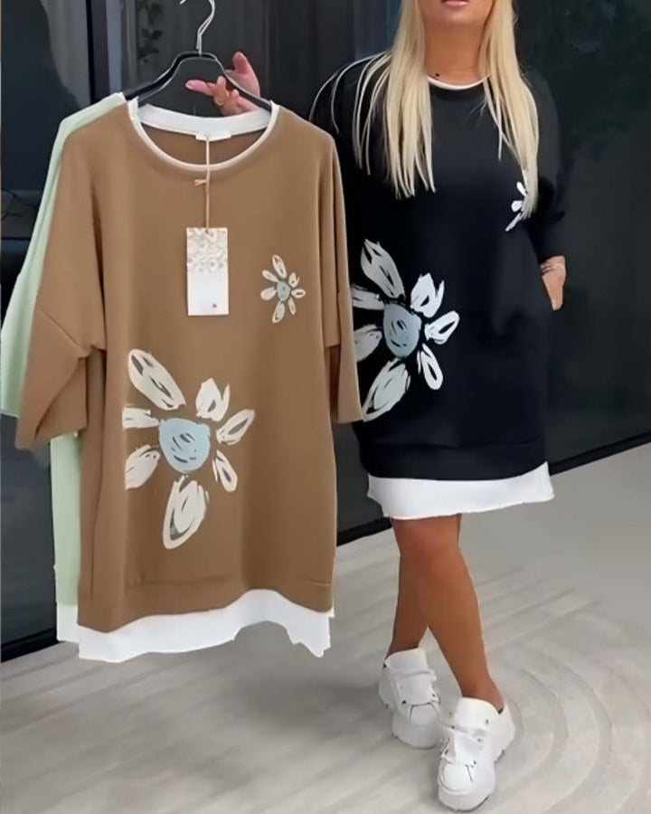 Sweatshirt Dress Round Neck Printed Patchwork