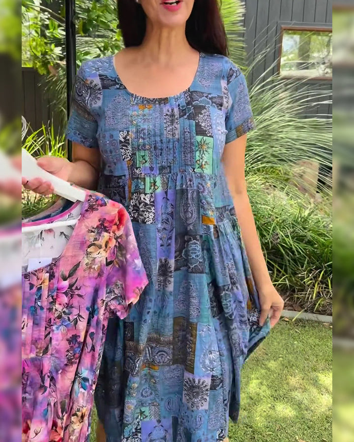 Dress Round Neck Pleated Printed A-Line