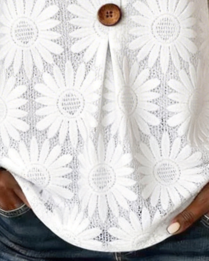 Blouse with Ruffled Daisy Pattern and Ruffle Sleeves
