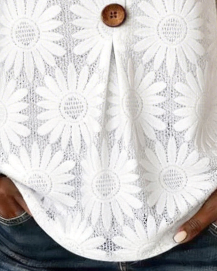 Blouse with Ruffled Daisy Pattern and Ruffle Sleeves