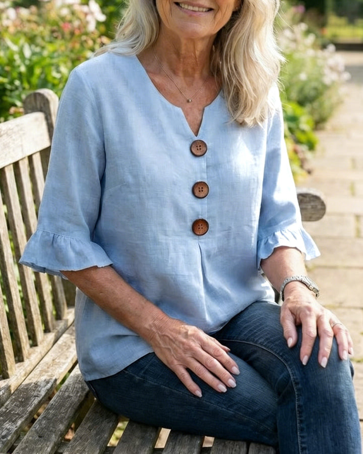 Solid Color Cotton Linen Blouse with Buttons and Ruffles