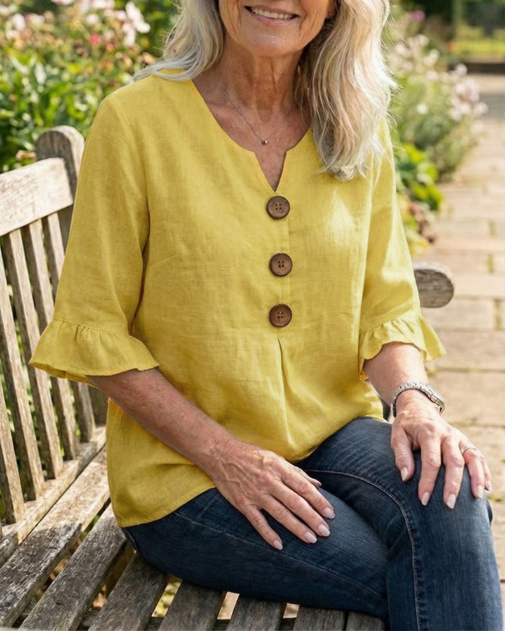 Solid Color Cotton Linen Blouse with Buttons and Ruffles