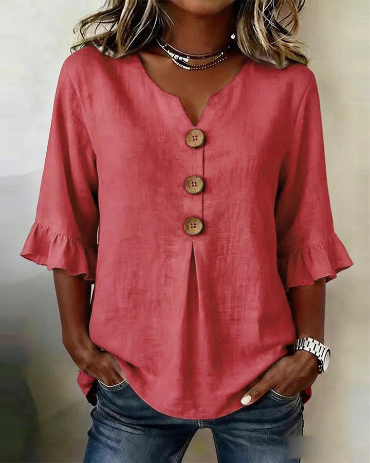 Solid Color Cotton Linen Blouse with Buttons and Ruffles