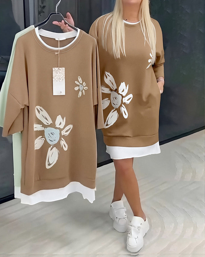Sweatshirt Dress Round Neck Printed Patchwork