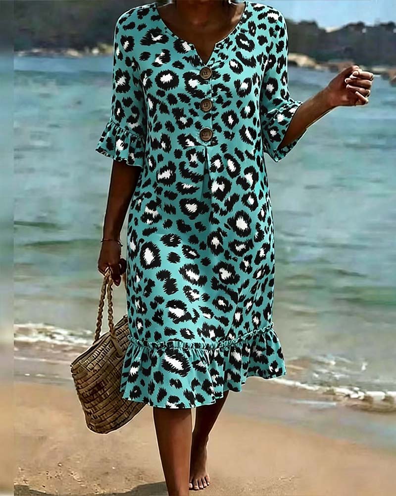 Dress Leopard Print V-Neck Ruffle