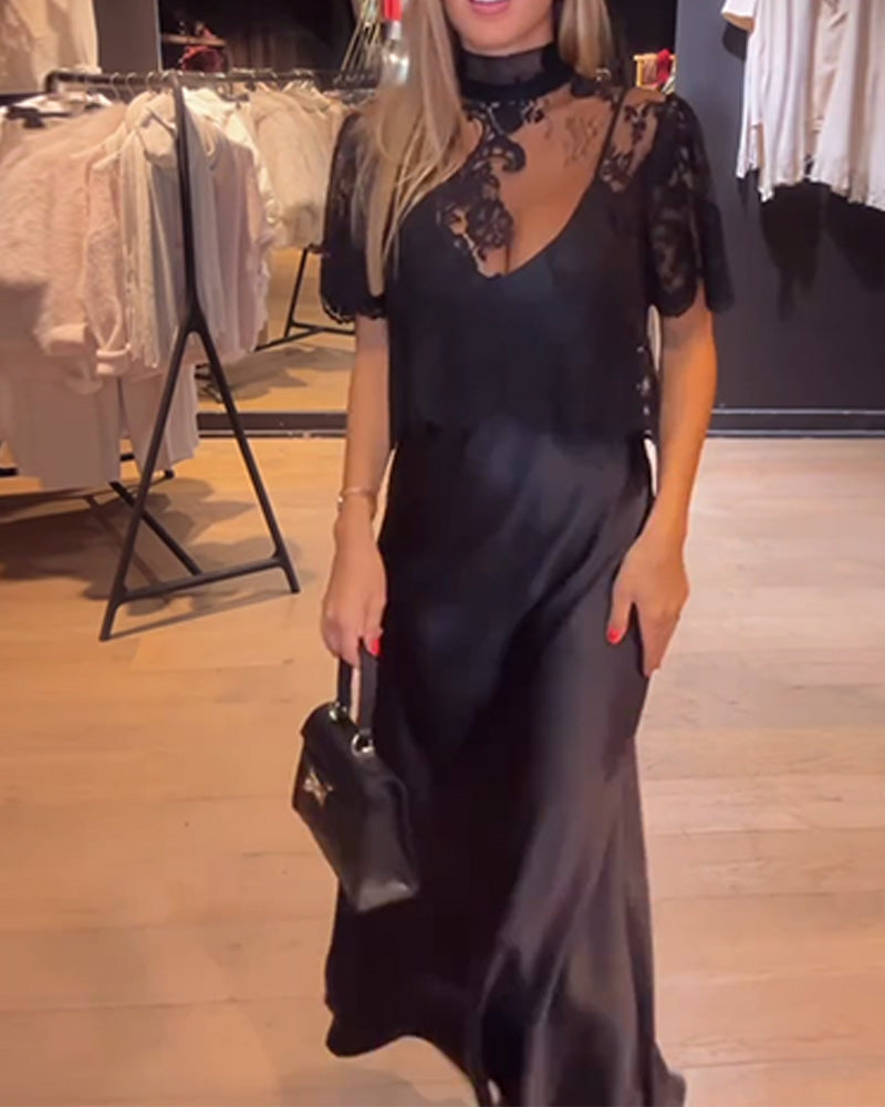 Lace and Mesh Blouse Set with Draped Nightgown