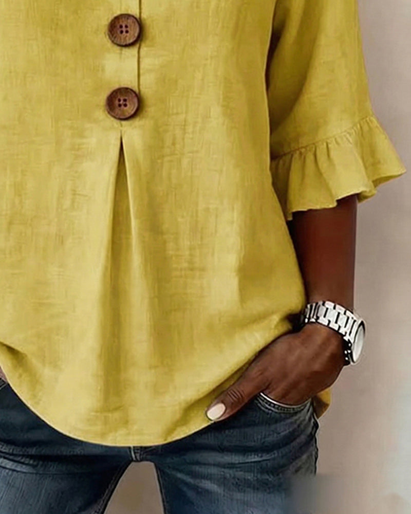 Solid Color Cotton Linen Blouse with Buttons and Ruffles