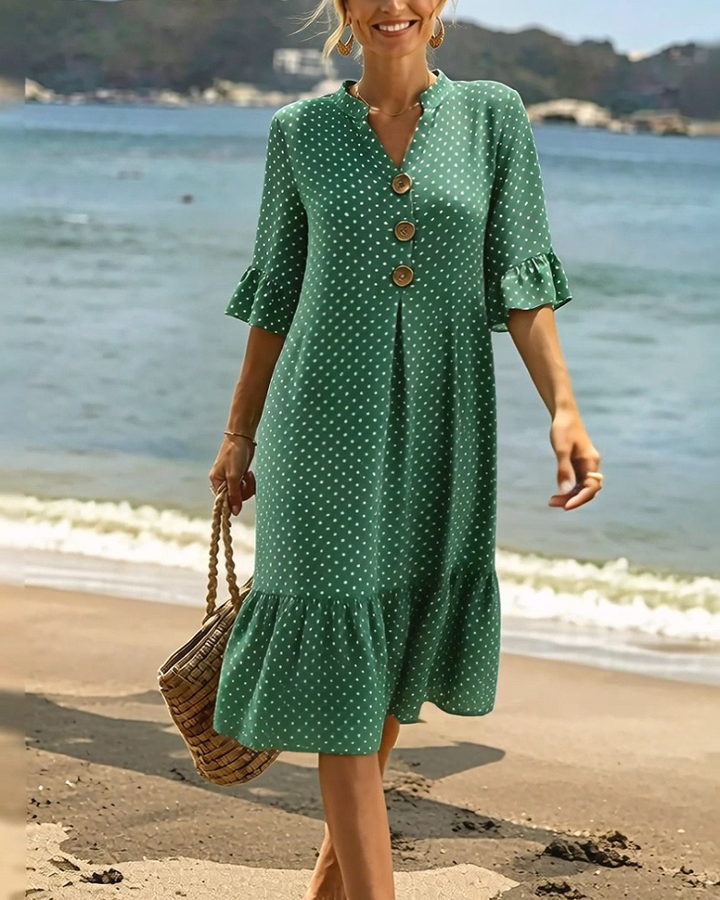 Polka Dot V-Neck Ruffled Sleeve Dress