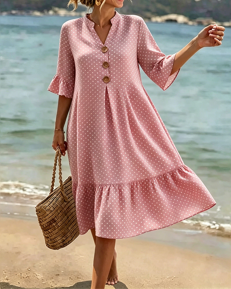 Polka Dot V-Neck Ruffled Sleeve Dress