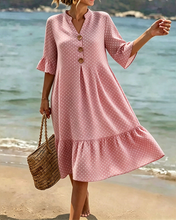 Polka Dot V-Neck Ruffled Sleeve Dress