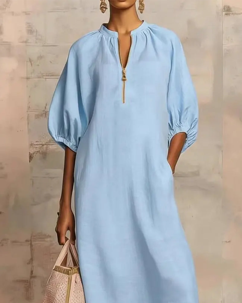 Long Sleeve Lantern Dress with Half Zipper
