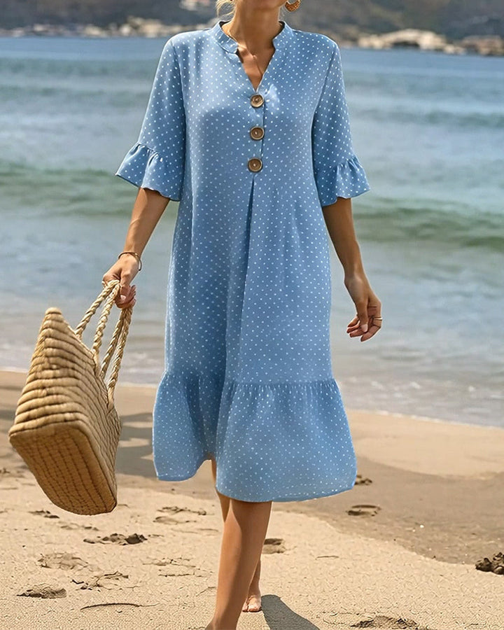 Polka Dot V-Neck Ruffled Sleeve Dress