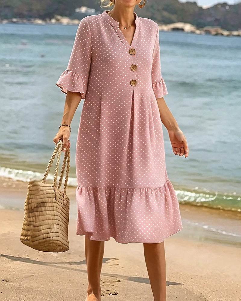 Polka Dot V-Neck Ruffled Sleeve Dress