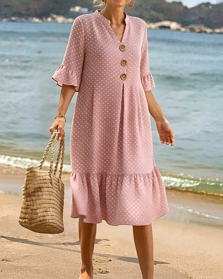 Polka Dot V-Neck Ruffled Sleeve Dress