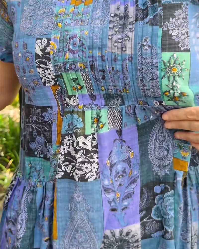 Dress Round Neck Pleated Printed A-Line
