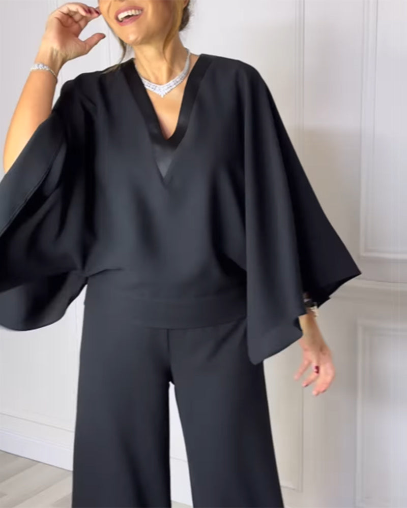 Elegant V-Neck Blouse with Butterfly Sleeves