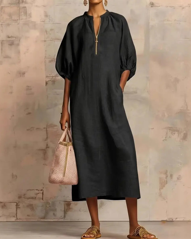 Long Sleeve Lantern Dress with Half Zipper