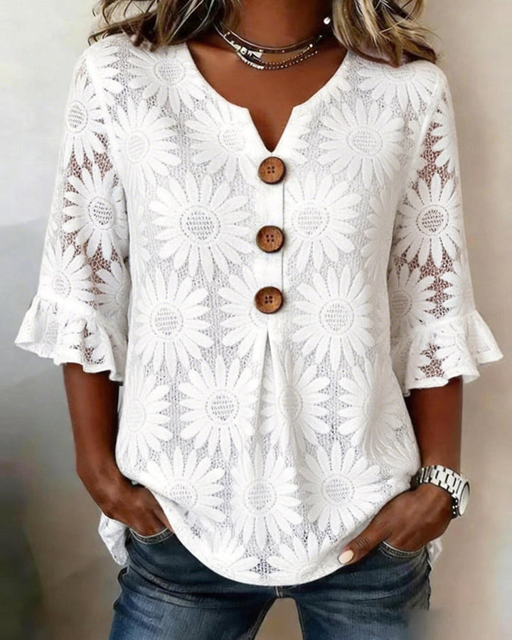 Blouse with Ruffled Daisy Pattern and Ruffle Sleeves