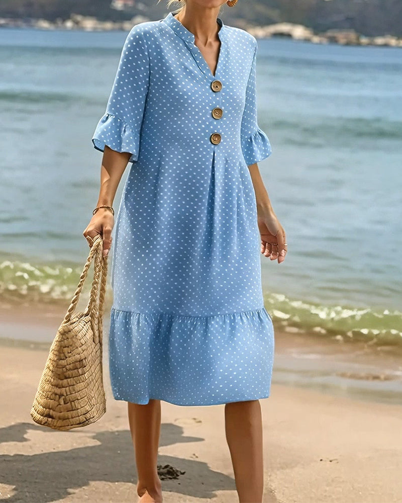 Polka Dot V-Neck Ruffled Sleeve Dress