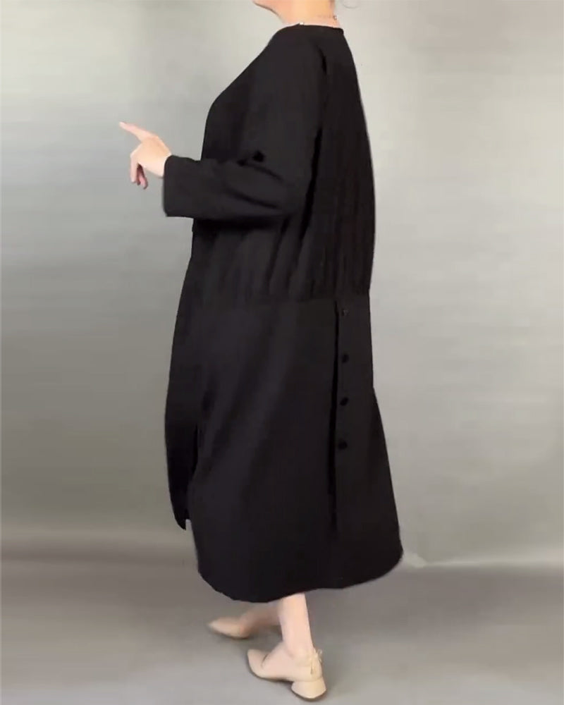 Plus Size Solid Color Loose Dress with Buttons