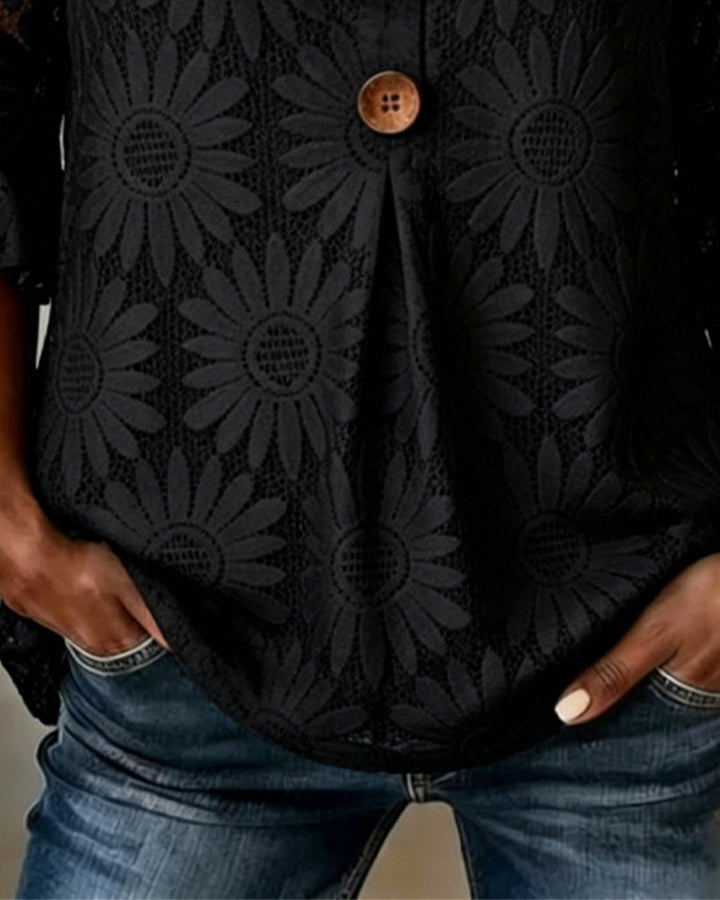 Blouse with Ruffled Daisy Pattern and Ruffle Sleeves