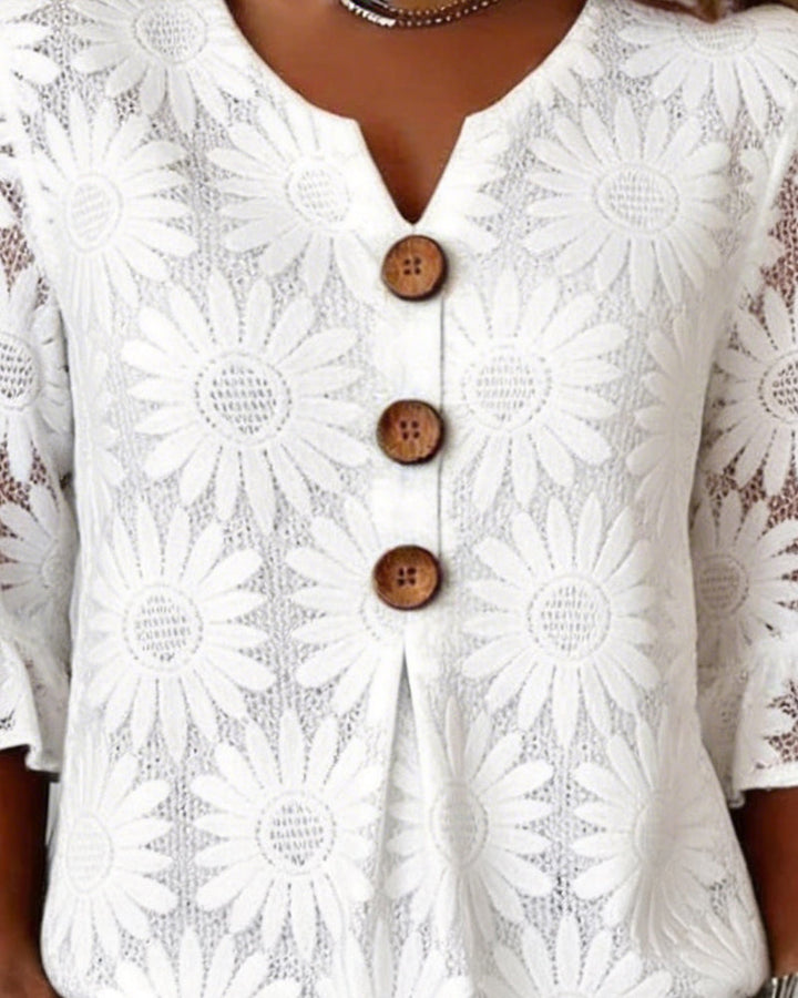Blouse with Ruffled Daisy Pattern and Ruffle Sleeves