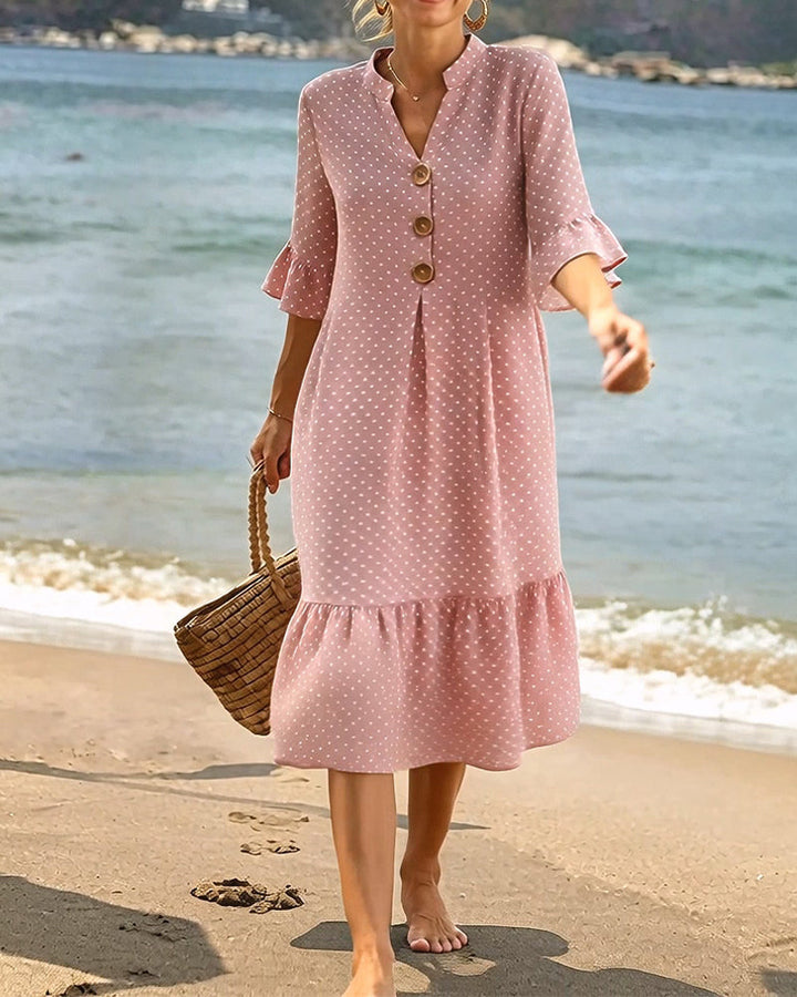 Polka Dot V-Neck Ruffled Sleeve Dress