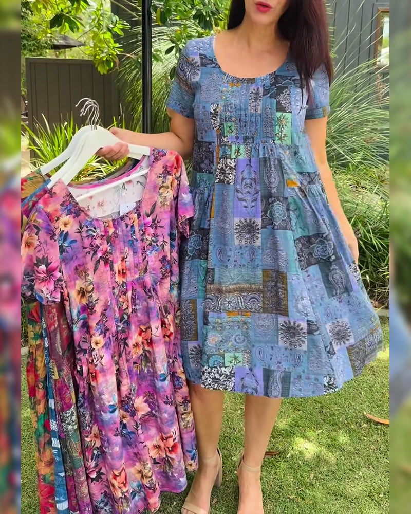 Dress Round Neck Pleated Printed A-Line