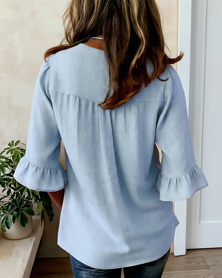 Solid Color Cotton Linen Blouse with Buttons and Ruffles