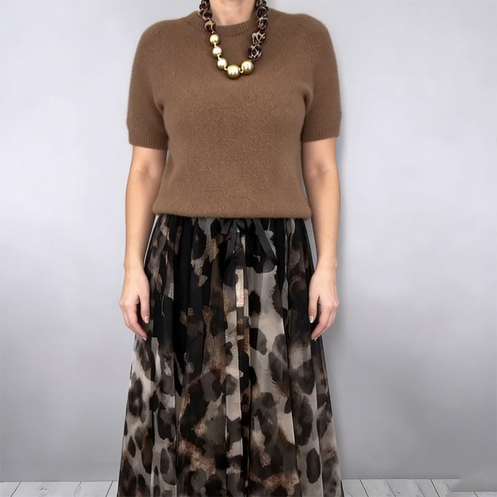 Two Piece Women's Set Consisting Of a Sweater and a Flowy Leopard Print Skirt