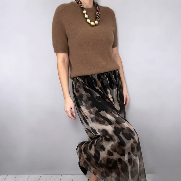 Two Piece Women's Set Consisting Of a Sweater and a Flowy Leopard Print Skirt