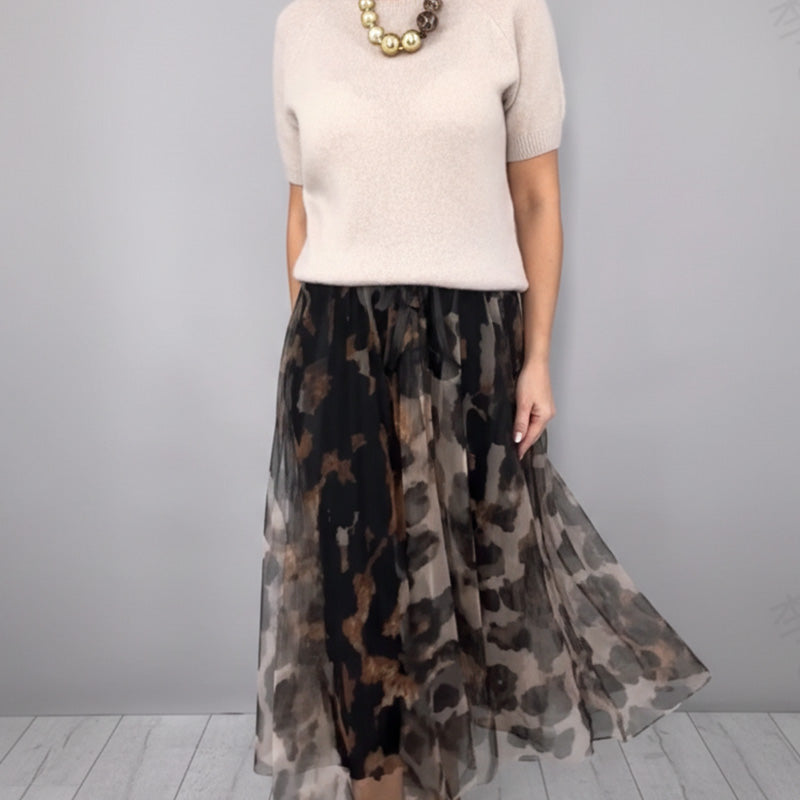 Two Piece Women's Set Consisting Of a Sweater and a Flowy Leopard Print Skirt
