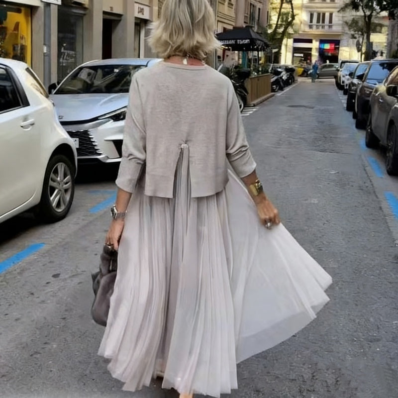 Two-Piece Set Comprising a Long Sleeve Knit Top for Women and a Sleeveless Dress